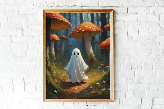 Cute Ghost In A Mushroom Forest With Red Toadstools Spooky Art Poster