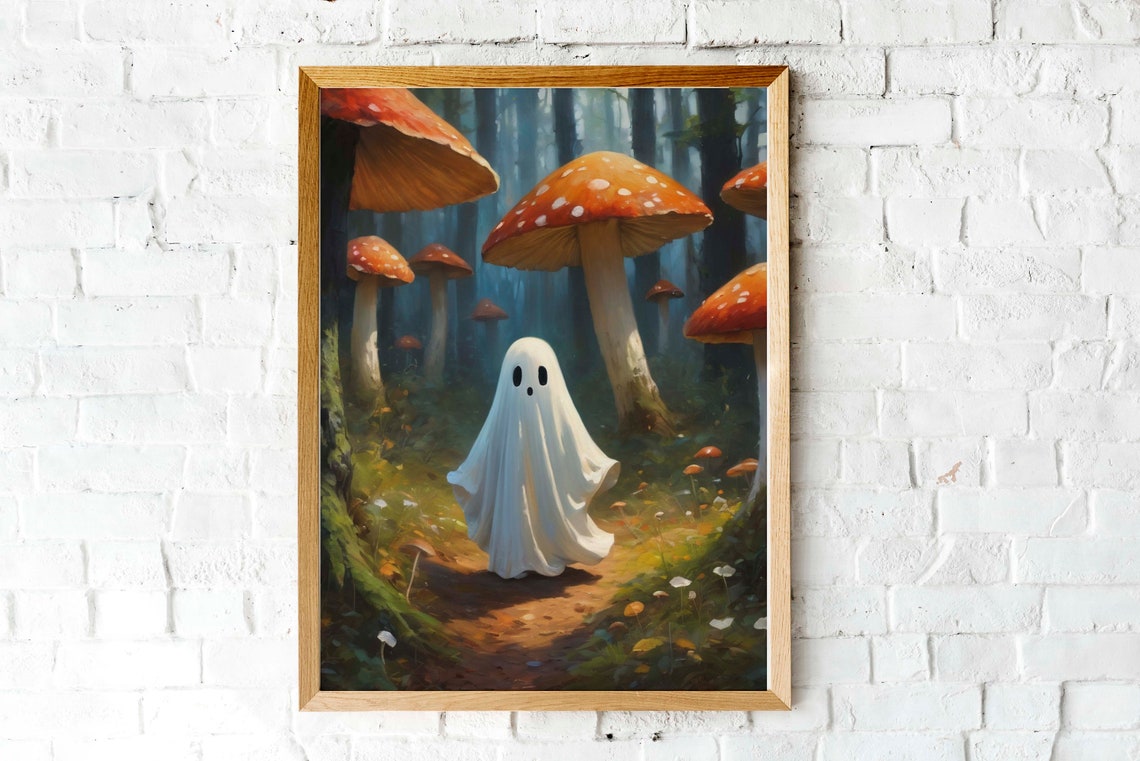 Cute Ghost In A Forest With Toadstools Wall Art Spooky Art Print Cute Halloween Art
