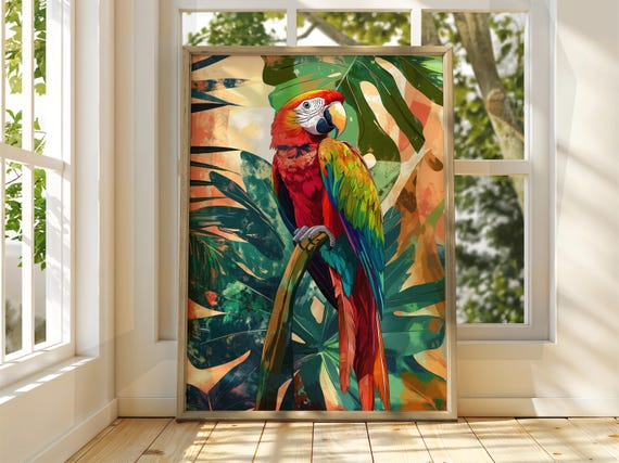 Tropical Parrot Poster Bird Wall Art Animal Illustration Floral Bright Home Decor Print