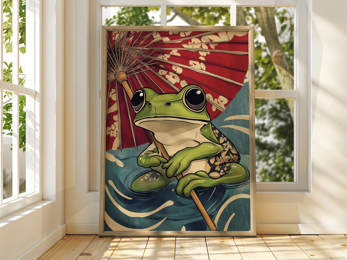 Vintage Japanese Frog Umbrella Woodblock Funny Animal Art Poster