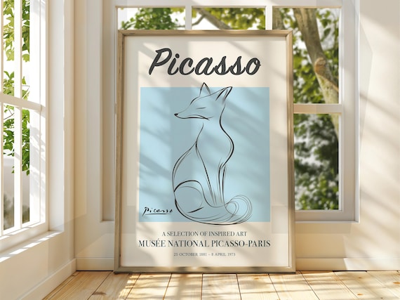Picasso Style Seated Fox Line Art Blue Exhibition Gallery Poster