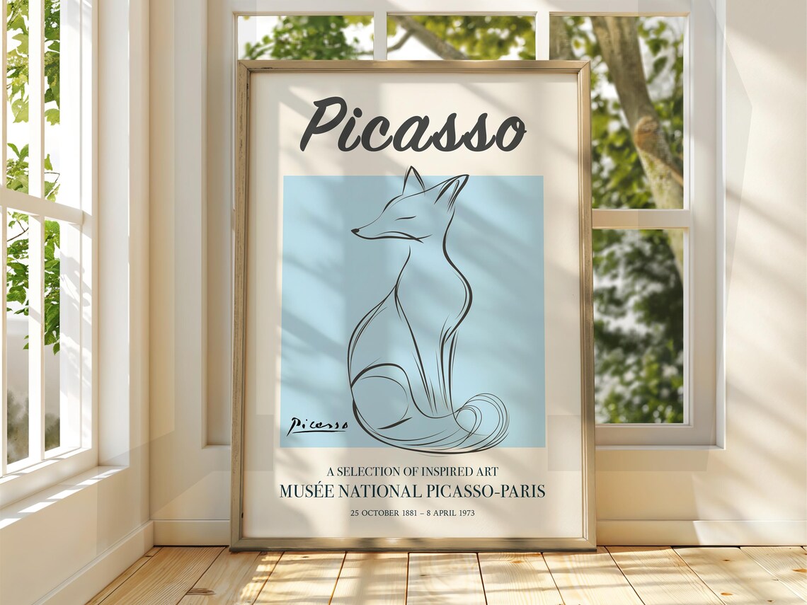 Picasso Style Seated Fox Line Art Blue Exhibition Gallery Poster