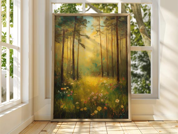 Summer Forest Path Poster Oil Painting Art Print Enchanted Wall Warm Landscape Nature Bright Home Decor
