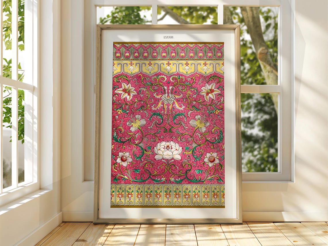 Intricate Pink Floral Pattern Vintage Ornate Maximalist Art Poster