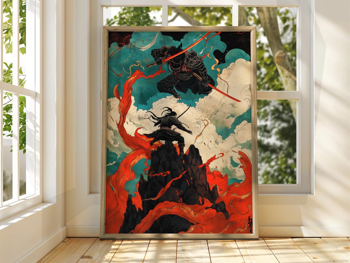 Samurai Duel in the Clouds Poster with Red and Teal Japanese Art