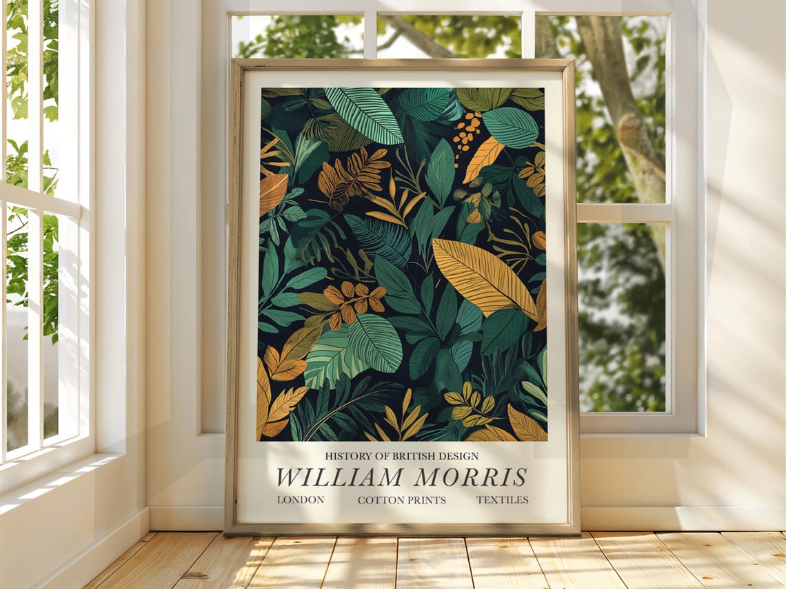 William Morris Style Dark Botanical Leaves Gold Accents Design Poster