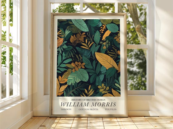 William Morris Style Dark Botanical Leaves Gold Accents Design Poster