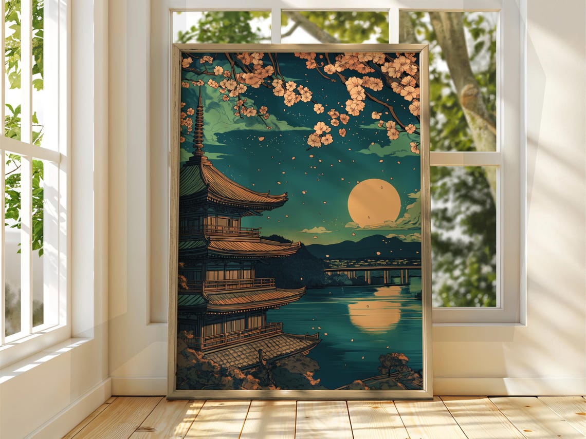 Japanese Pagoda Moonlit Lake Cherry Blossoms Ukiyoe Style Art Poster