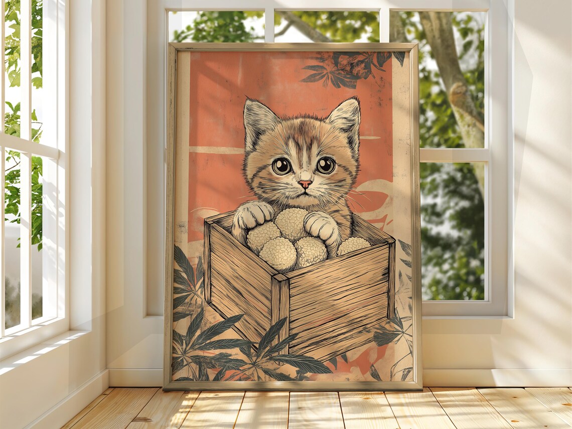 Cute Japanese Kitten With Rice Balls Wooden Crate Art Poster