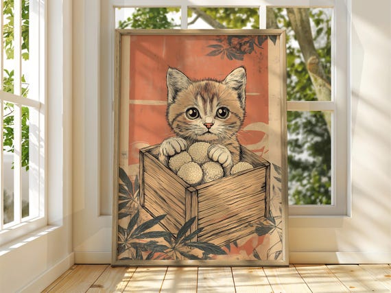 Cat With Riceball Art Vintage Japanese Wall Animal Poster Funny Print Ramen