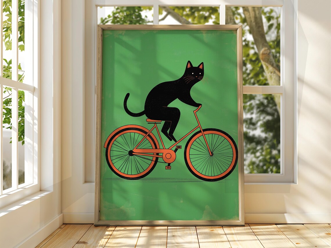 Cat Riding Orange Bicycle Green Background Vintage Funny Cat Art Poster