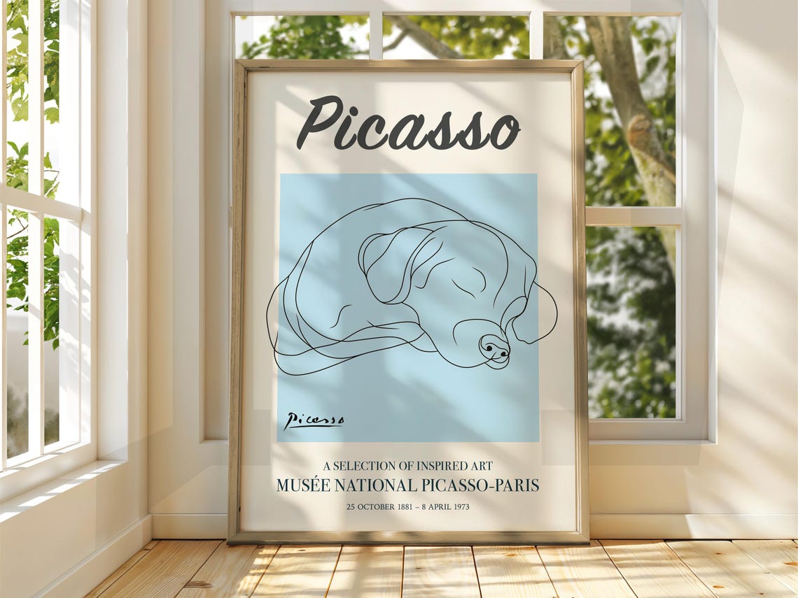 Picasso Style Sleeping Dog Line Art Blue Exhibition Art Poster