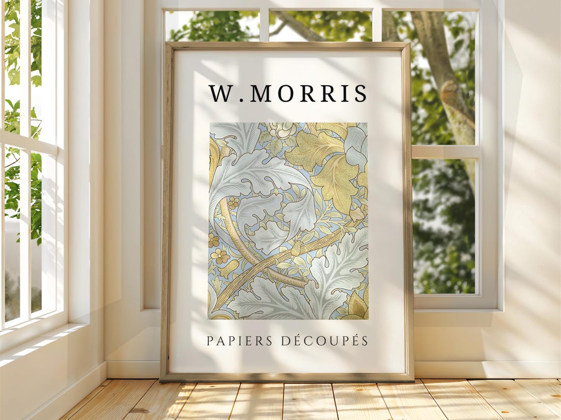 W Morris Pale Blue Leaf Pattern Vintage Botanical Exhibition Poster