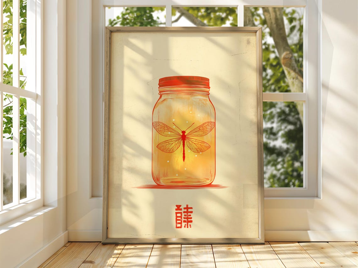 Red Dragonfly In Mason Jar Vintage Japanese Insect Art Poster