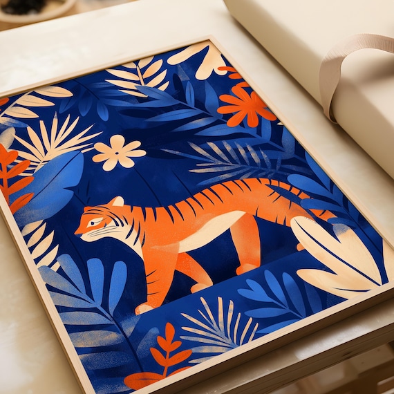 Orange Tiger Walking Navy Blue Jungle Leaves Botanical Animal Poster