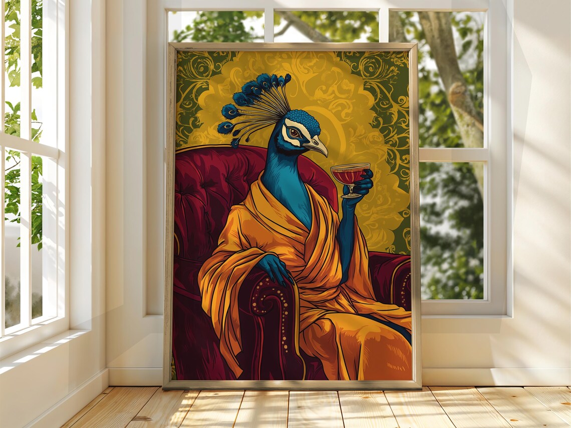 Fancy Peacock Quirky Drinking Animal Art Print