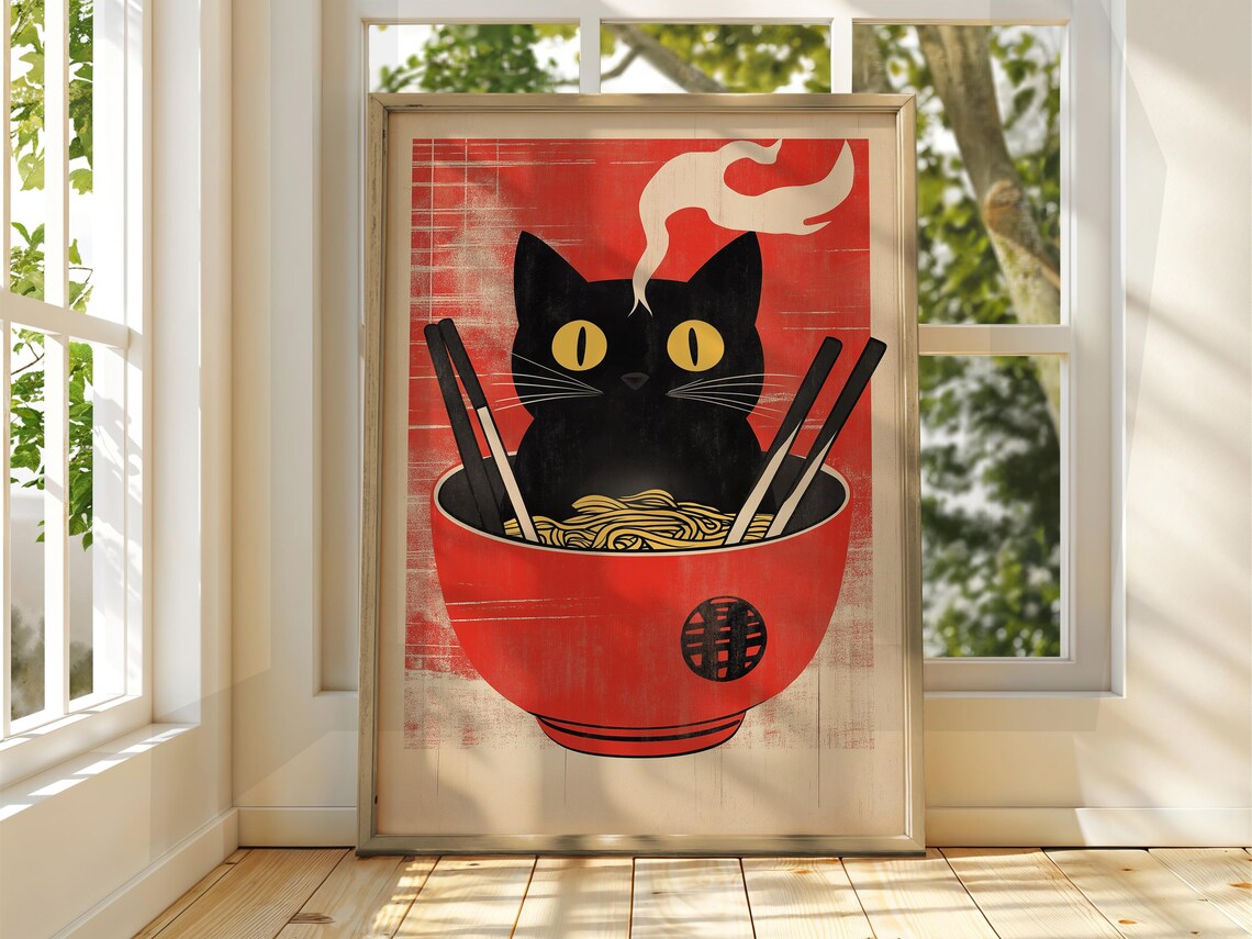 Cat Eating Ramen Vintage Japanese Animal Art Print