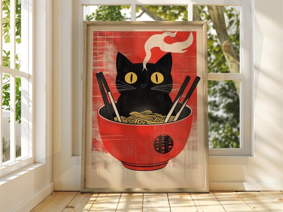 Cat Eating Ramen Vintage Japanese Animal Art Print