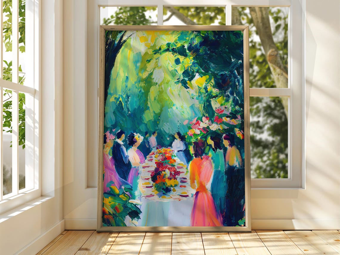 Bold Colorful Impressionist Garden Party Flower Scene Art Poster