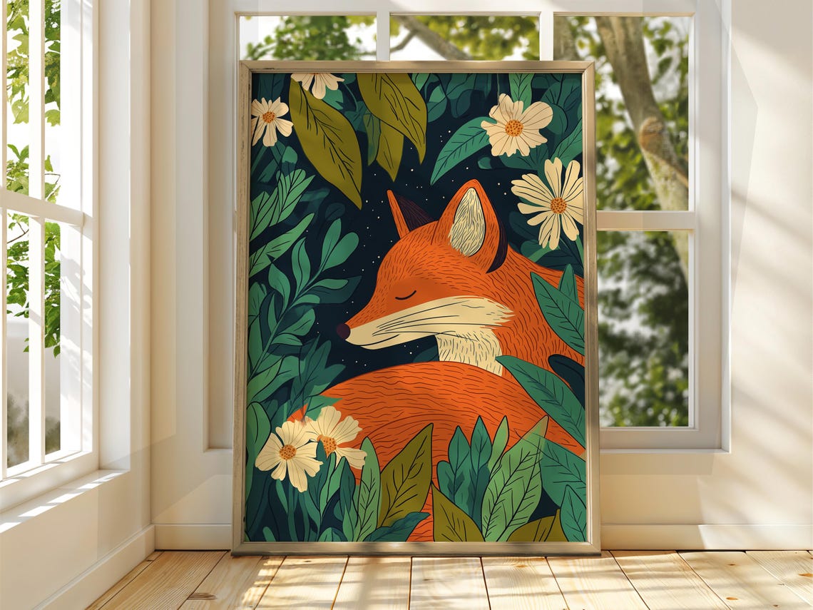 Sleepy Red Fox Among Night Flowers Floral Woodland Illustration Poster