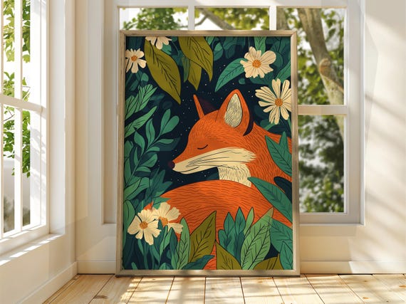 Sleepy Fox Poster Wall Art Animal Illustration Floral Bright Home Decor Print Autumn Night