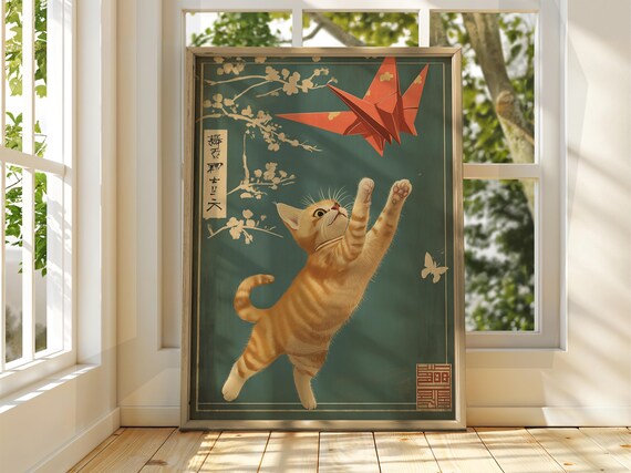 Orange Kitten Origami Crane Japanese Woodblock Style Cherry Blossom Poster