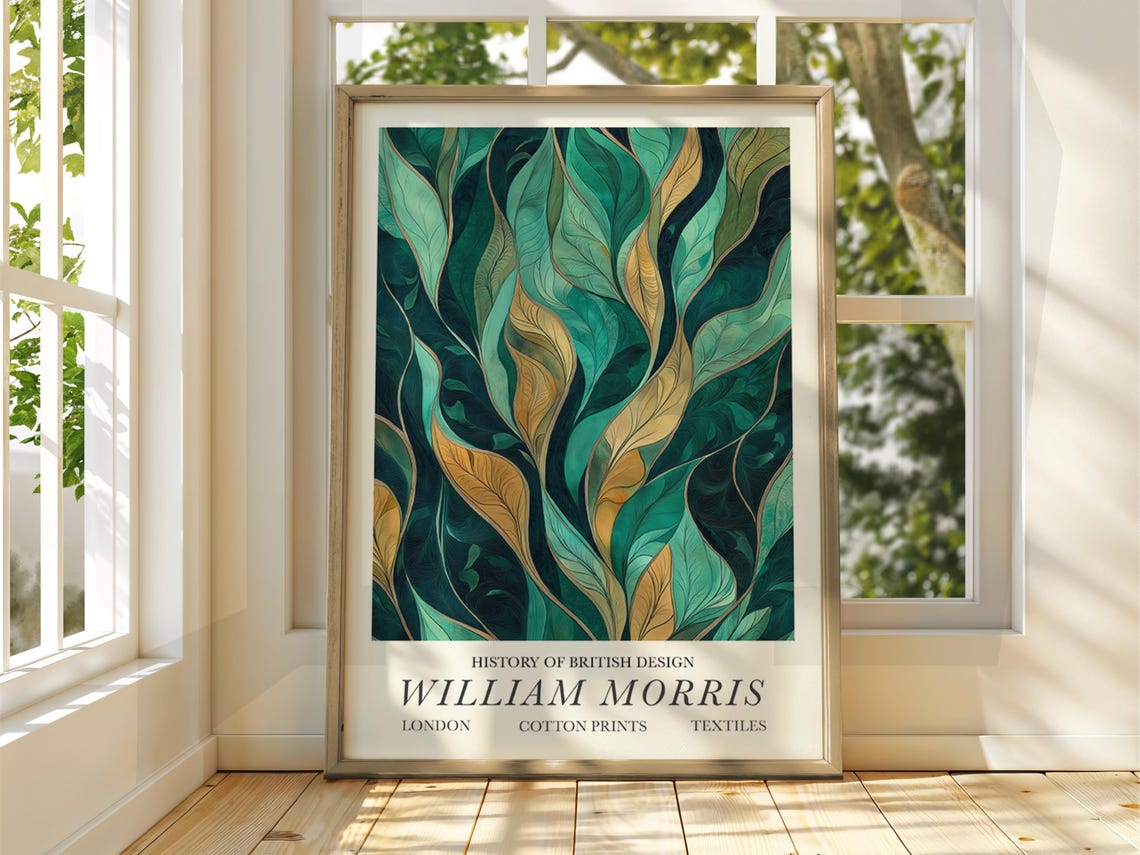 William Morris Style Green Gold Leaves British Design Textiles Poster