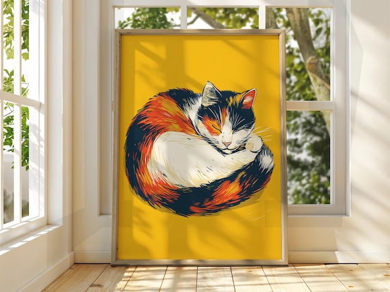 Calico Cat Sleeping Curled Yellow Background Bold Illustration Poster