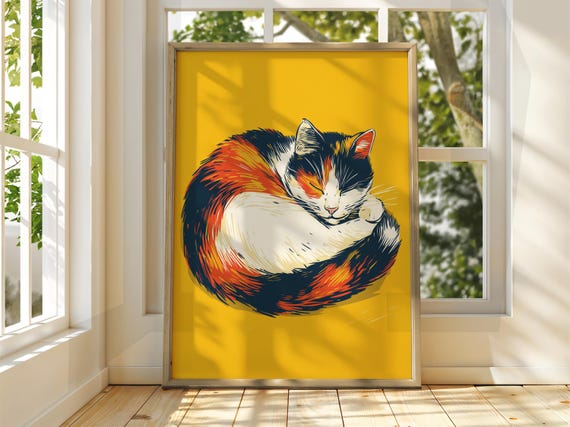 Curled Up Cat Poster Wall Art Illustration Fun Animal Feline Decor Kitten Grey Pet Sleeping