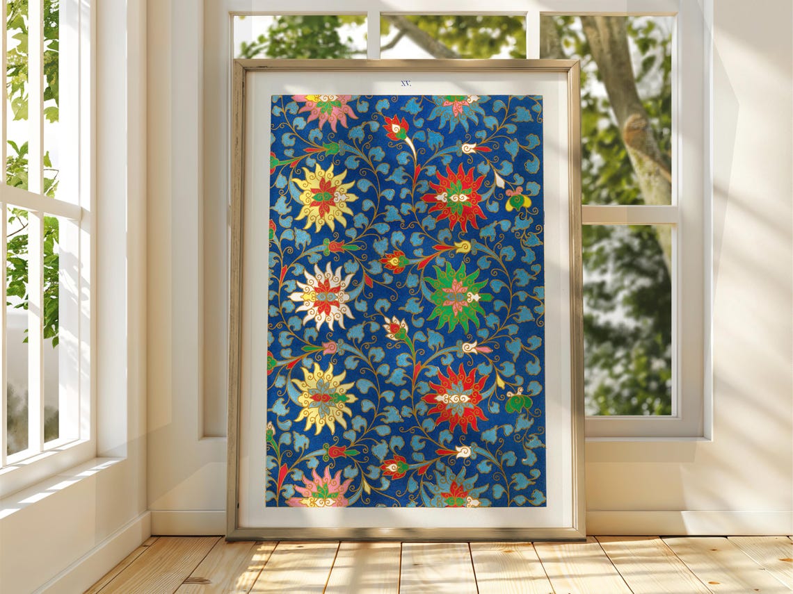 Bold Blue Floral Ornament Vintage Lotus Pattern Plate XX Poster