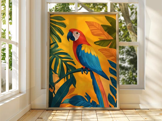 Tropical Parrot Poster Bird Wall Art Animal Illustration Floral Bright Home Decor Print