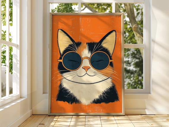 Chill Calico Cat With Round Sunglasses Orange Background Poster