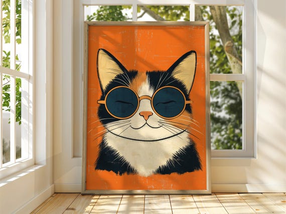 Chill Cat Poster Wall Art Illustration Fun Animal Feline Decor Kitten Black Pet Orange