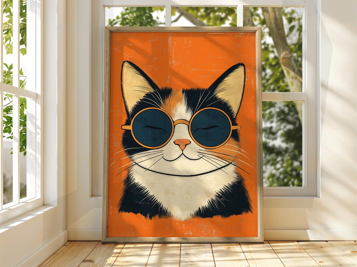 Chill Calico Cat With Round Sunglasses Orange Background Poster