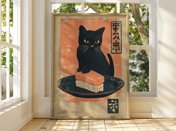 Funny Black Cat Sushi Salmon Nigiri Japanese Vintage Style Print