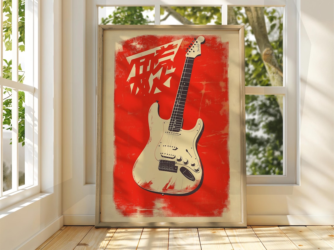 Japanese Vintage Electric Guitar Poster Retro Red Rock Music Art