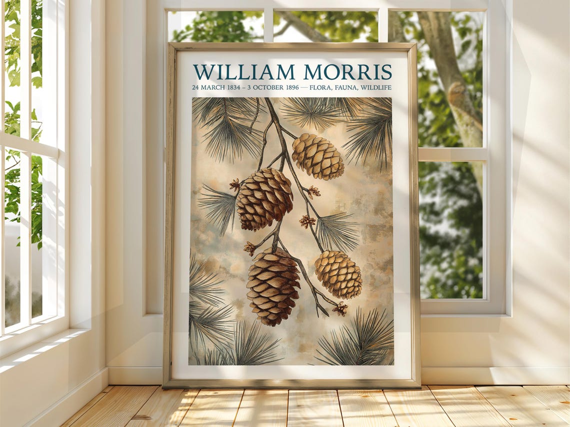William Morris Pinecone Branch Botanical Warm Tone Exhibition Poster