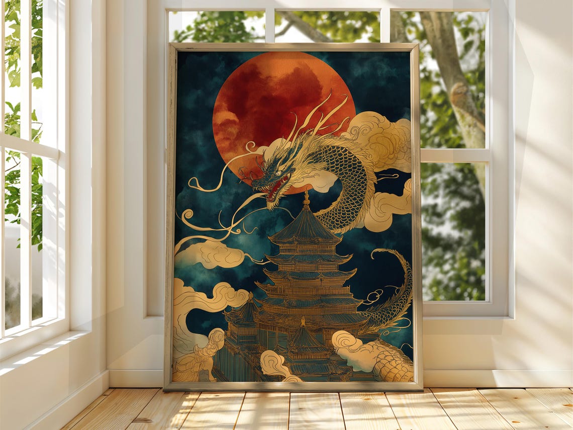 Japanese Dragon Pagoda Red Moon Mystical Night Scene Art Poster