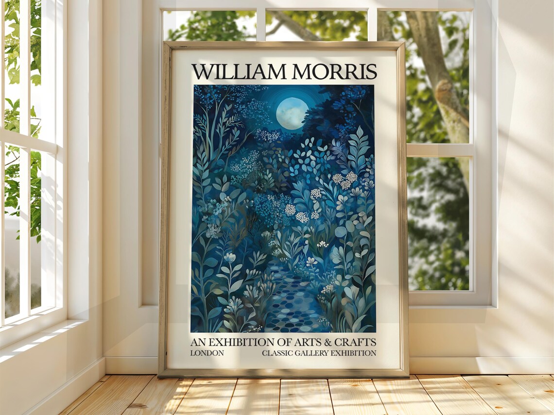 William Morris Style Full Moon Forest Poster, Stars