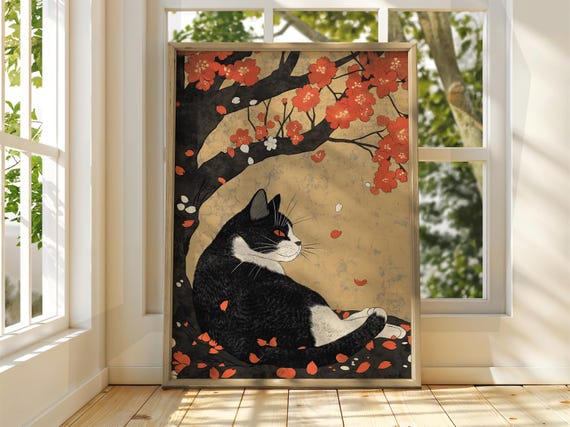 Cat Under A Tree Art Vintage Japanese Wall Animal Poster Funny Print Japan Fall