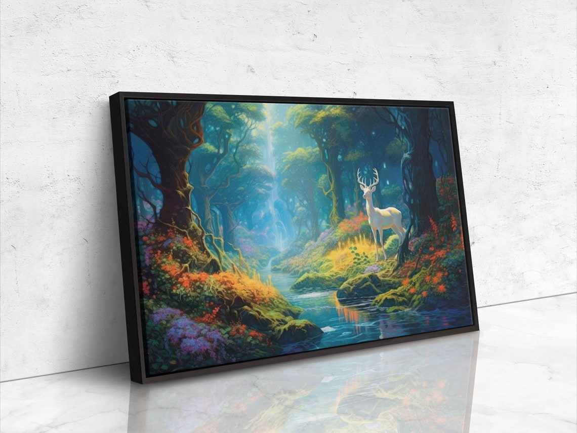 Mystical White Stag Magical Forest Stream Waterfall Fantasy Art Poster - Image 4