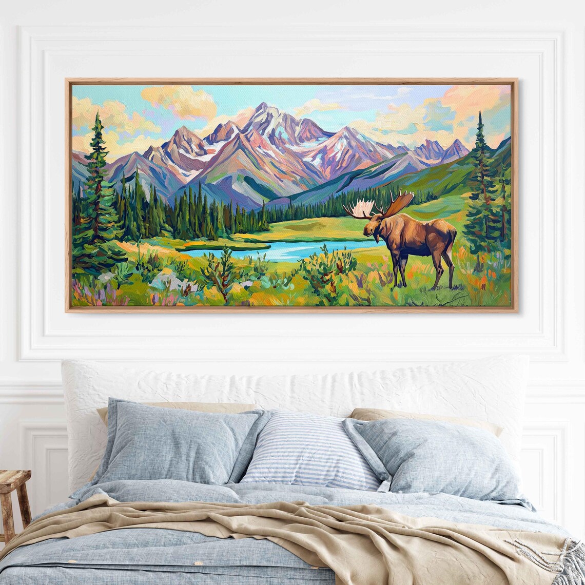 Colorful Moose Mountain Valley Lake Wildflowers Wildlife Art Poster - Image 3