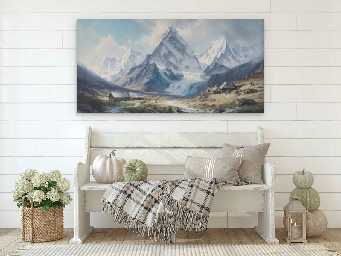 Snow Capped Mountain Village Valley Oil Painting Travel Poster - Image 4