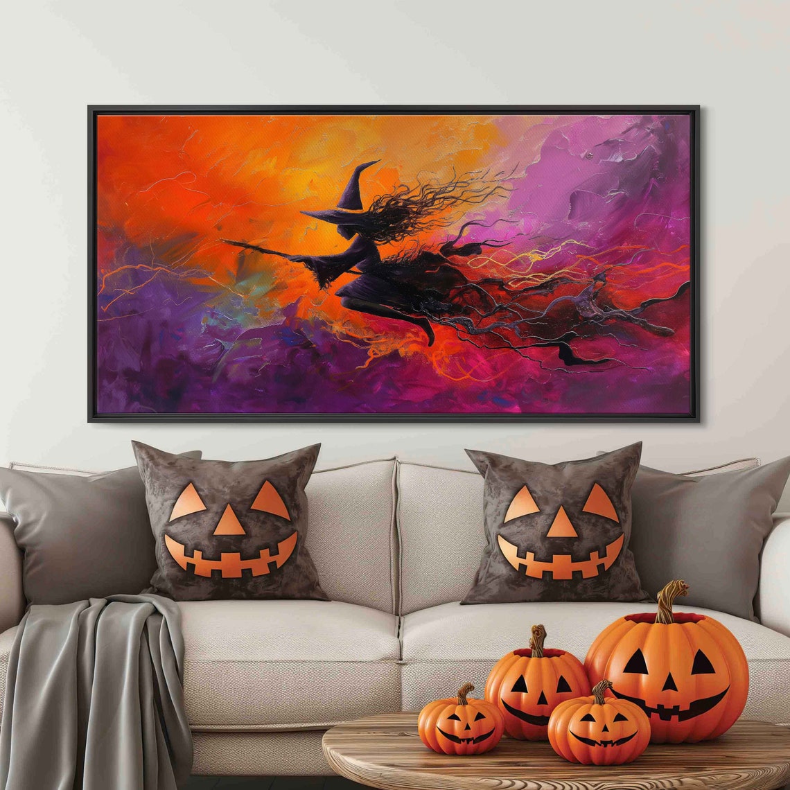 Witch Flying On Broomstick Vibrant Night Sky Halloween Wall Art