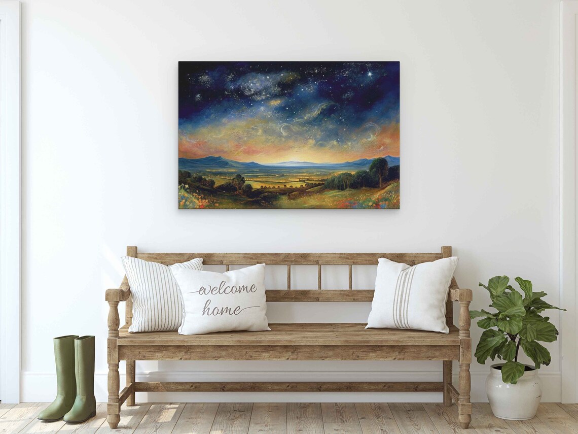 Starry Night Sky Over Valley Warm Vintage Tones Countryside Landscape Art Poster - Image 2