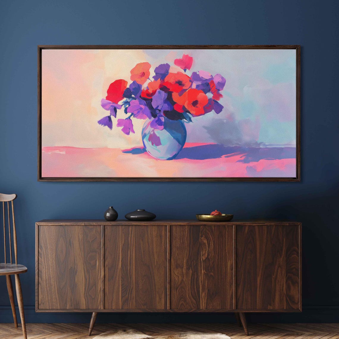 Red Violet Flowers In Blue Vase Impressionist Floral Art Poster
