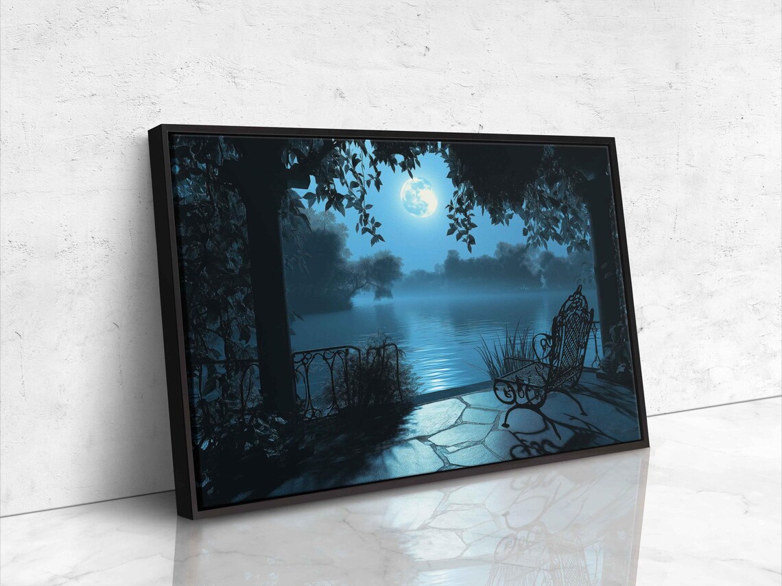 Tranquil Terrace Over Lake, Moonlit Night - Image 4