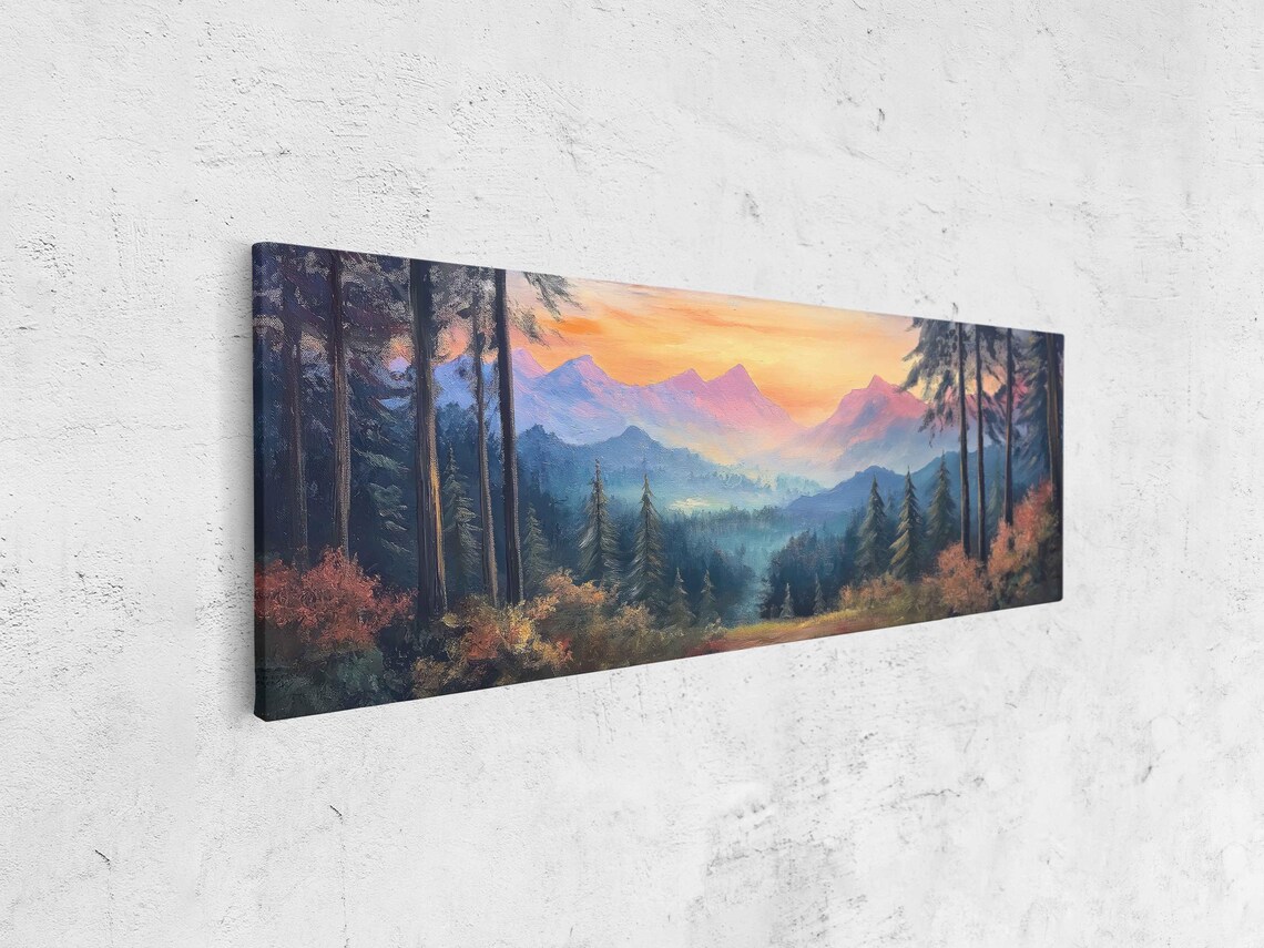 Enchanted Forest Panorama, Majestic Mountains Sunset Art Print - Image 4