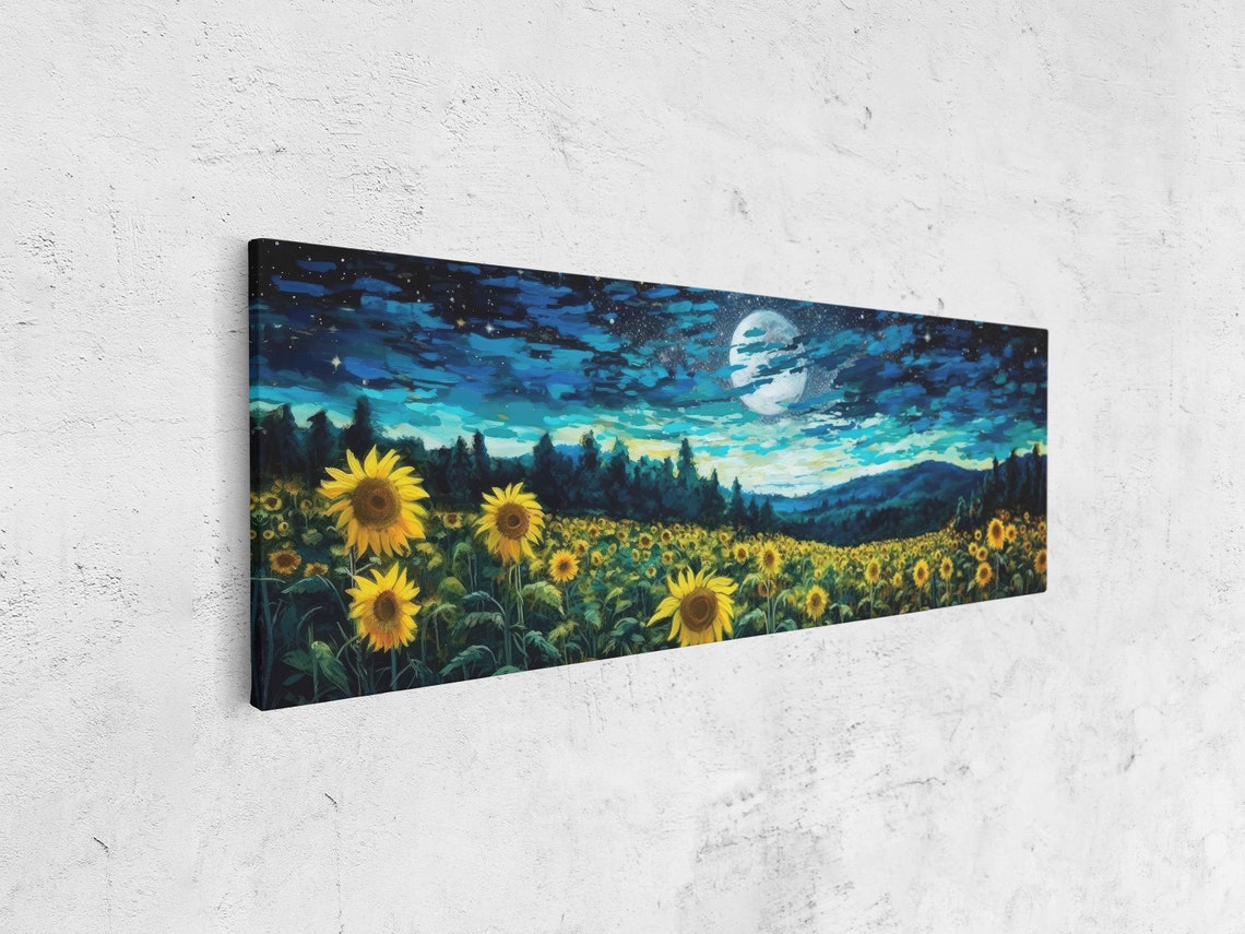 Sunflower Field Moonlit Night Sky Panoramic Yellow Bloom Art Poster - Image 4