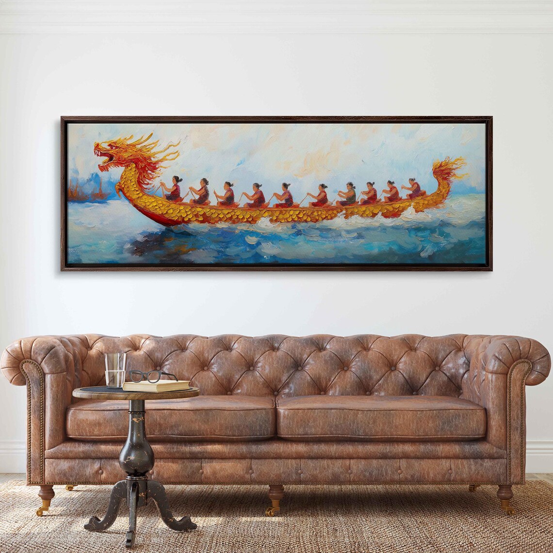 Dragon Boat Racing Painting Golden Dragon Rowers Panoramic Canvas Wall Art - Image 3
